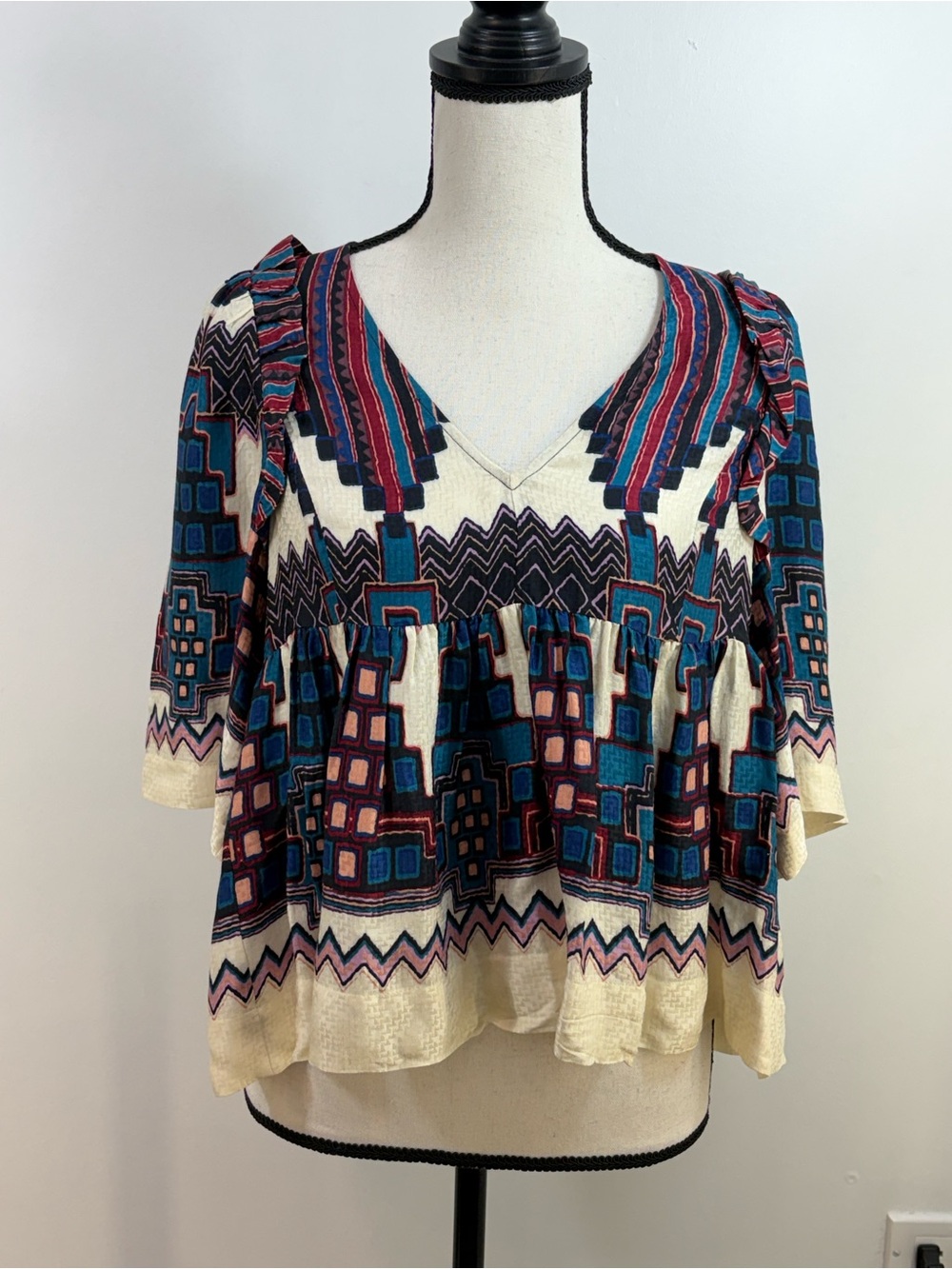 ba&sh Cream Tunic Top with Blue and Burgundy Geometric Print